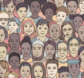 A cartoon picture of a diverse group of individuals