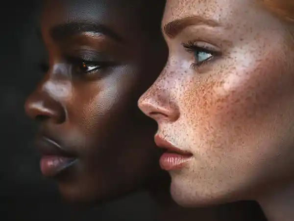 A black and a white female face in profile